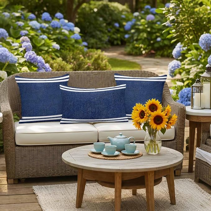 Denim Texture Outdoor Waterproof Throw Pillow Covers 16 x 16 Inches Set of 2 Denim Texture Welcome Navy Blue Decorative Cushion Cover Pillowcase for Garden Patio Tent Beach Livingroom Sofa Couch