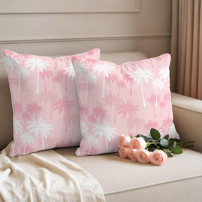 Throw Pillow Covers 24x24 Inch Set of 2, Tropical Palm Tree Waterproof Outdoor Pillow Covers, Pink White Plants Coastal Leaf Beach Decorative Cushion Pillowcases for Couch, Sofa, Bed, Garden, Patio