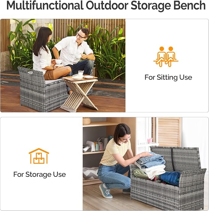 VINGLI 40 Gallon Wicker Storage Bench, Patio Cushion Storage Box with Side Handles, Rattan Deck Box for Garden Tools, Cushions, Outdoor Patio Deck Box for Garden, Poolside, Grey