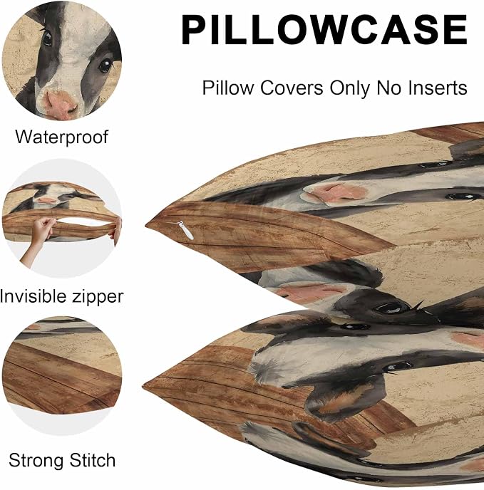 Farmhouse Cow Outdoor Pillow Covers 20x20 Inch Throw Pillow Covers Set of 2 Waterproof Decorative Pillow Cases Country Vintage Animals Wooden Grain Cushion Covers for Patio Furniture Garden Couch Sofa
