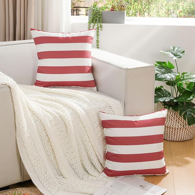 Lewondr 2 Pack Outdoor Throw Pillow Covers, 18"x18", Red + White | Square Stripe, Waterproof, For Outdoor Patio Porch Farmhouse Garden Balcony Couch, 45x45cm