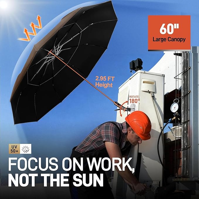 New 60" Folding Magnetic Umbrella,Designed for Outdoor Work,600lb Strong Suction Hvac Umbrella With Magnetic Base & Clamp,2-in-1 Sun & Rain Protection,180° Adjustable,Portable for HVAC (Brown)