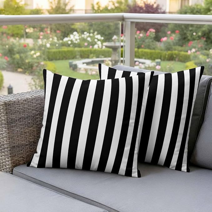 Outdoor Pillow Covers,Black White Geometric Stripe Decorative Throw Pillow Cover Waterproof Pillowcase Set of 2,Linen Cushion Case for Sofa Couch Bed 26x26 Inch,Modern Minimalist Line