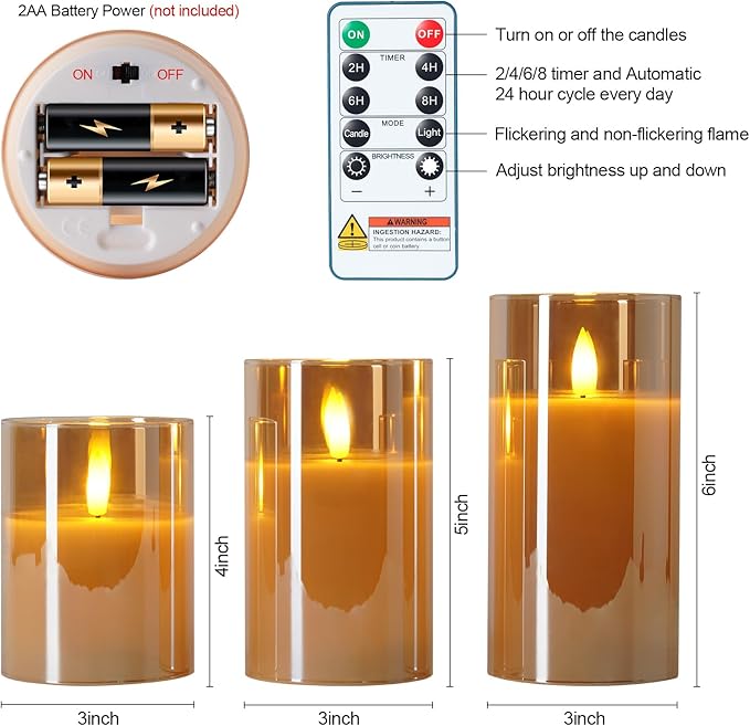 5plots Glass Battery Operated Gold Flameless Candles with Remote Timer, 3D Wick Real Wax Pillar Led Candles Warm Flickering Light for Indoor Home, Halloween, Christmas Decor, Set of 3, D3 x H4 5" 6"