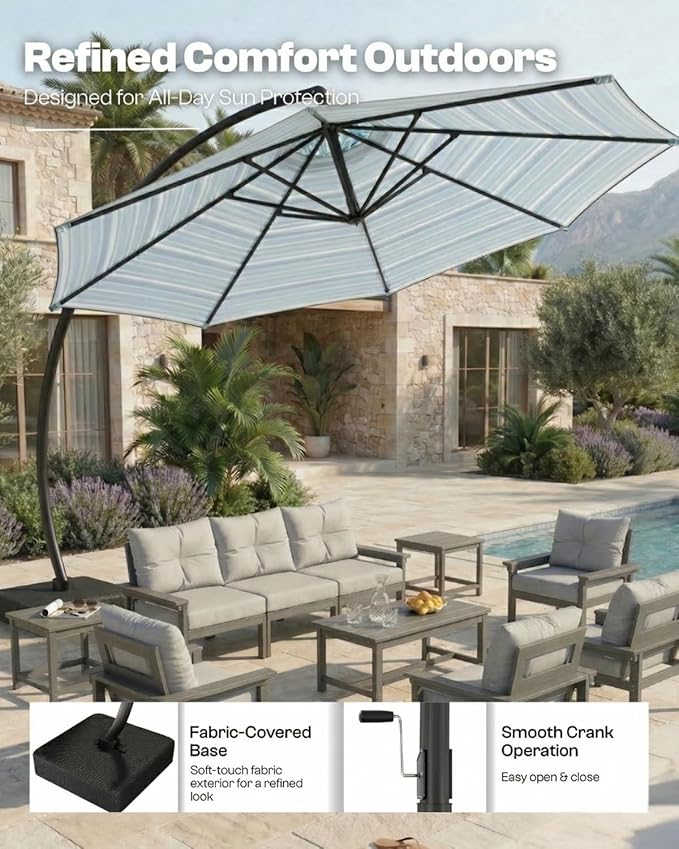 11 FT Cantilever Umbrella with Base Included, Large Round 360° Rotation Offset Umbrella Outdoor Patio, Heavy Duty Aluminum Frame, Sand-Weighted Stand, for Deck, Backyard, Pool, Garden (Blue and green stripes)