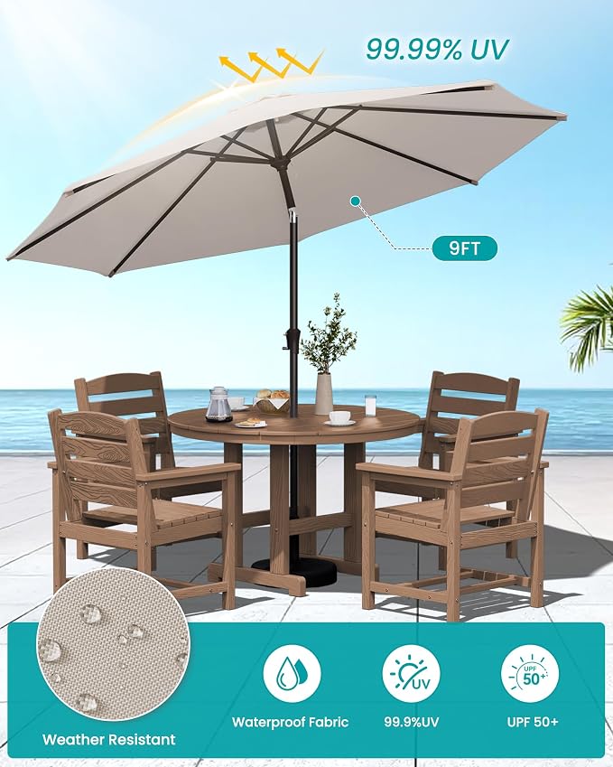 SERWALL 6-Piece Patio Dining Sets, HDPE Outdoor Table and Chairs Furniture Set with Umbrella, 45" Round Dining Table & 4 Dining Chairs & 1 9FT Umbrella, Brown(Not Include Umbrella Base)
