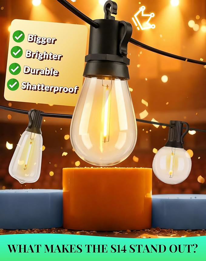 Outdoor String Lights Patio Light - 65Ft Outside Waterproof Dimmable Bulbs | S14 LED Remote Porch Light, Shatterproof Edison Bulbs Hanging Connectable Lighting for Gazebo Backyard Bistro Pergola, Timer