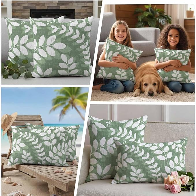 Green Leaves Outdoor Waterproof Throw Pillow Covers 16x16 Set of 2, Farmhouse Botanical Branch Vintage Boho Leaf Decorative Pillowcases Cushion Pillowcase for Couch Sofa Patio Outside Pillow Protector