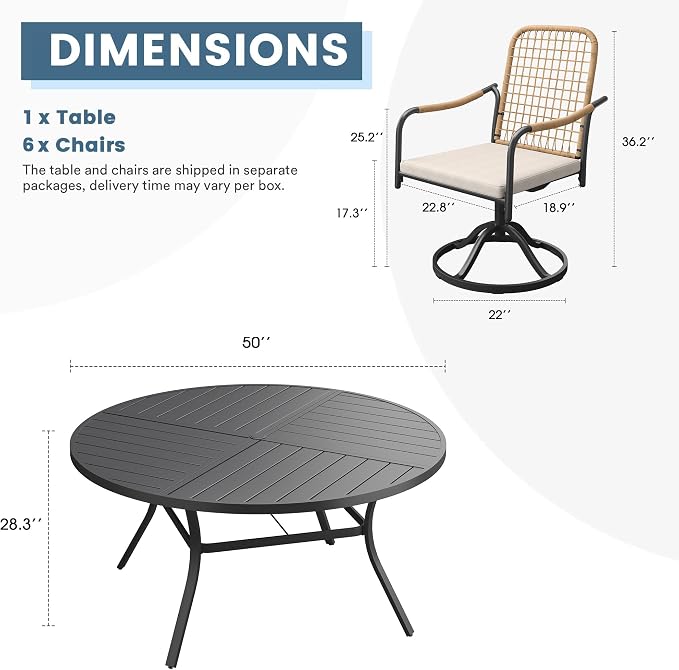 DIFY 7 Pieces Outdoor Dining Set, Metal Patio Table and Chairs Set for 6, 50" Round Dining Table with Umbrella Hole & Wicker Swivel Patio Chairs with Cushions, Black Tabletop