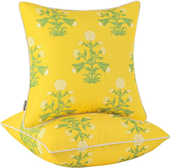 MIULEE Floral Outdoor Pillows Covers with Inserts 18x18 Yellow | Set of 2 Waterproof Decorative Throw Pillows with Piping,Vintage Fade Resistant, Patio Furniture Summer Garden Couch Sofa