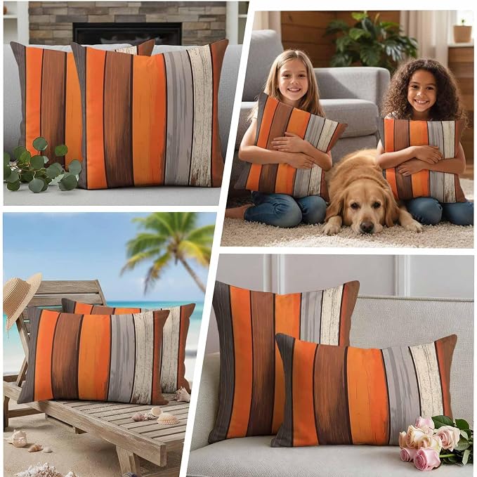 JasmineM Outdoor Pillow Cover 12x20 Inches Set of 2 Orange Brown Gray Striped Waterproof Throw Pillow Covers Retro Wood Grain Decorative Pillowcases Garden Cushion Case for Patio Couch Sofa