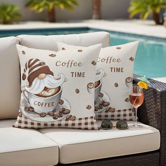 Coffee Gnomes Outdoor Pillow Covers 20x20 Inch Throw Pillow Covers Set of 2 Waterproof Decorative Pillow Cases Brown Buffalo Plaid Check Farmhouse Cushion Covers for Patio Furniture Garden Couch Sofa