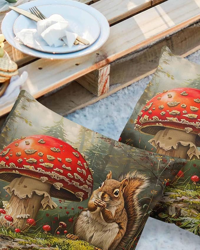 Outdoor Waterproof Throw Pillow Covers 24x24in, Fall Harvest Forests Mushrooms Cushions for Garden Patio Furniture Chairs Set of 2, Thanksgiving Squirrels Home Decor Couch Sofa Polyester Pillow Cases