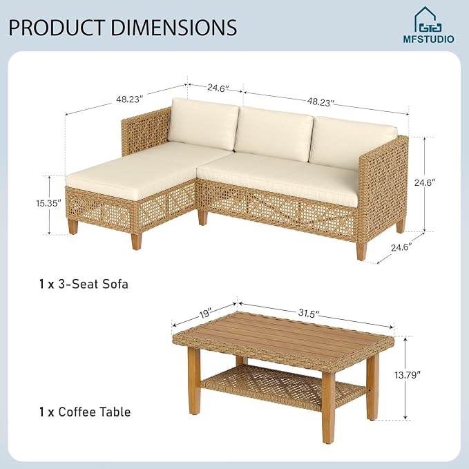 MFSTUDIO L Shaped Outdoor Couch Set, Wicker Patio Furniture Set, Rattan Outdoor Sectional Sofa with Acacia Wood Coffee Table, 3 Pieces Small Patio Conversation Set for Backyard, Beige