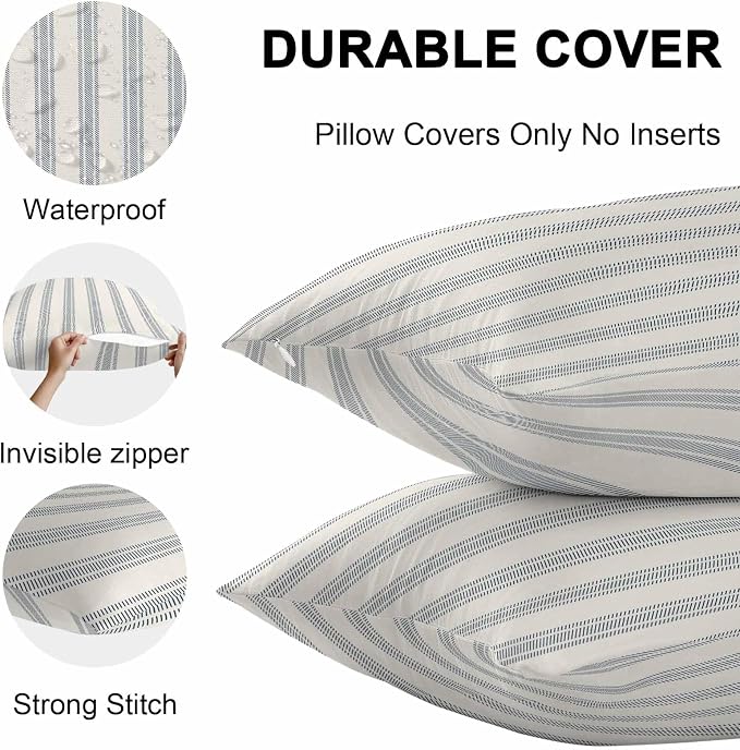 Lumbar Pillow Covers 20x12 Inch Set of 2, Blue Striped Waterproof Outdoor Cushion Covers, Modern Stripes Farmhouse Decorative Pillowcases for Couch, Sofa, Bed, Garden, Patio