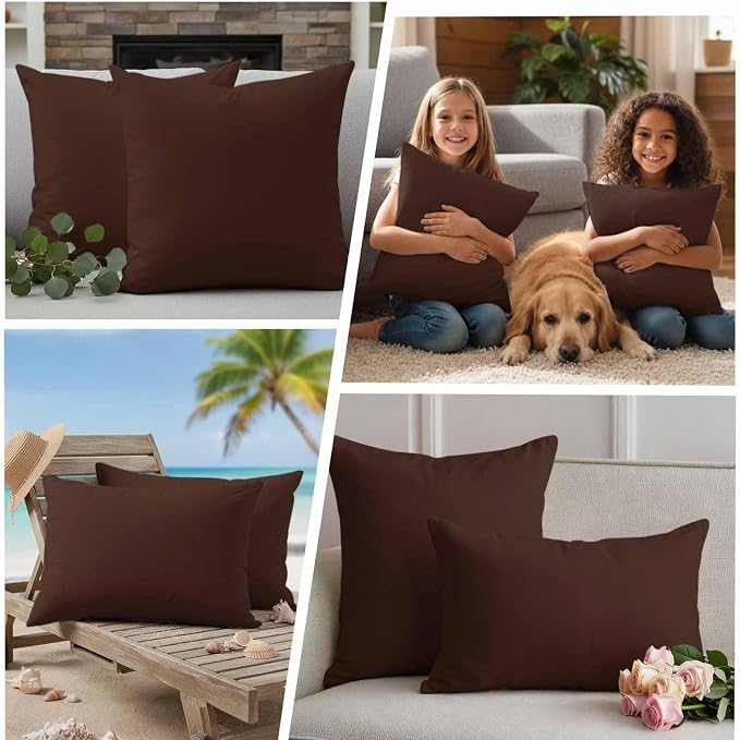 Outdoor Pillow Covers 24 x 24 Inches, Brown Pure Color Waterproof Throw Pillow Cover Set of 2, Aesthetics Contemporary Luxury Decorative Square Cushion Covers for Patio/Couch/Garden