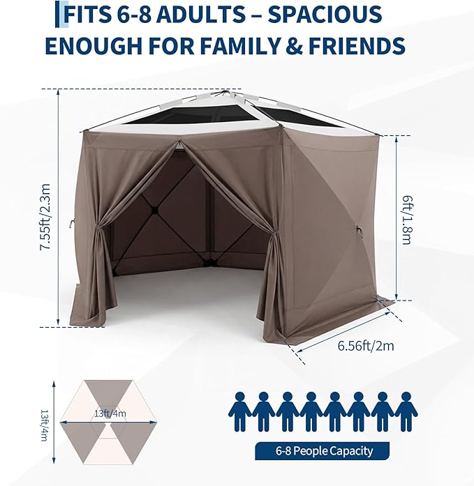 GarveeHome 13x13FT Pop Up Gazebo Screen Tent, 6-Sided Canopy with Detachable Eaves & Starry Sky Top, 210D Oxford Water-Proof Instant Shelter with Mosquito Netting for Backyard Camping, Khaki & Beige