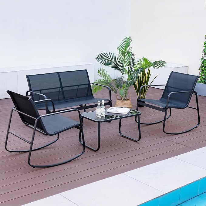 Tangkula 8 Piece Rocking Patio Furniture Set, 4 Rocking Chairs & 2 Loveseat with Glass-Top Table, Patio Rocking Set with Smooth Rocking Motion, Outdoor Rocker Conversation Set for Porch, Yard
