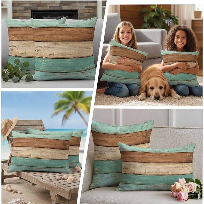 Farmhouse Teal Blue Brown Outdoor Waterproof Pillow Covers, Vintage Wooden Striped Decorative Square Throw Pillowcase Sofa Cushion Sham for Patio/Couch/Chair, 24"x24" 2 Pack