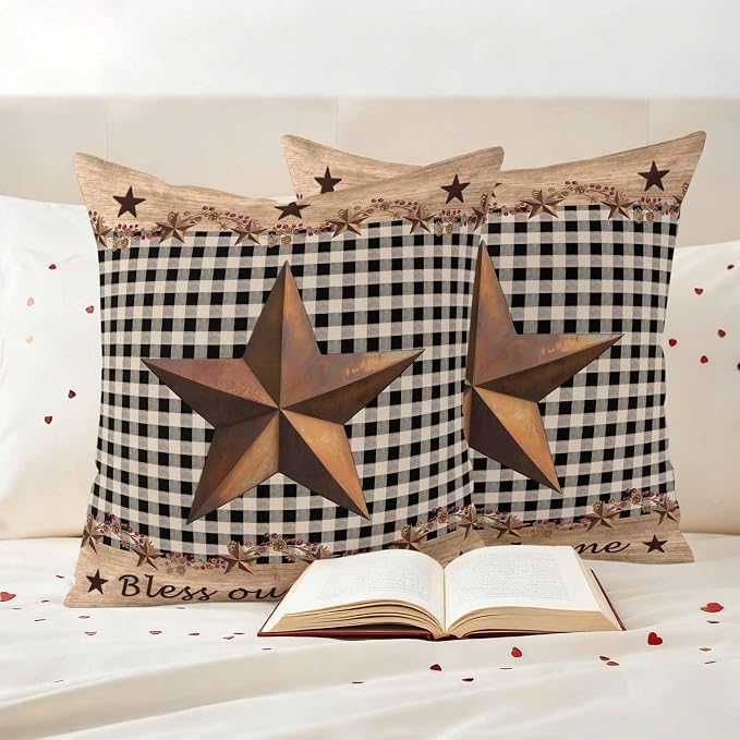 Outdoor Pillow Covers 18x18 Set of 2, Western Texas Star Vintage Waterproof Patio Throw Pillow Covers for Couch Sofa Chair, Rustic Wreath Wood Black Plaid Decorative Pillowcases for Throw Pillows
