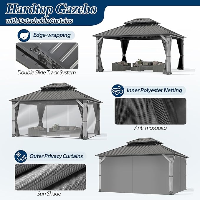 COVERONICS 12'x14' Outdoor Wood Gazebo - Hardtop Wooden Gazebo with Galvanized Steel Roof, Heavy-Duty Pavilion with Netting & Curtains for Garden, Poolside, Deck, Backyard