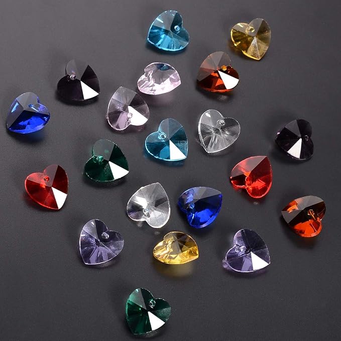 100pcs Crystal Heart Shaped Beads - LONGWIN 14mm Multicolor Glass Spacer Beads for Necklaces, Bracelets, Earring with Storage Box