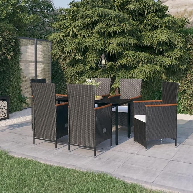 7 Piece Patio Dining Set, Outdoor PE Rattan Dining Table and 6 Reclining Chairs with Cushions, Glass Top Backyard Garden Furniture Set for Outside Dining