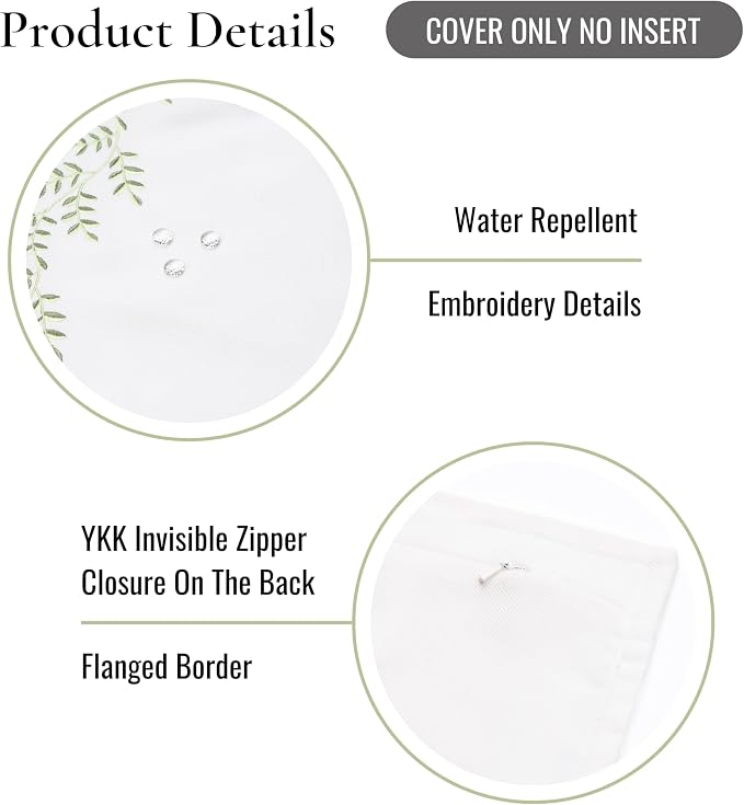 Hofdeco Premium Grandmillennial Patio Indoor Outdoor Throw Pillow Cover Only, 20"x20" Water Repellent for Backyard, Couch, Poolside, Grass Green Embroidered Leaves Frame