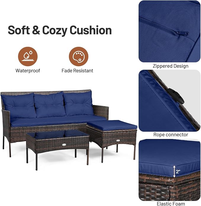 RELAX4LIFE 3 Pieces Patio Furniture Sectional Set, Rattan Wicker Conversation Set W/ 5 Cozy Seat & Back Cushions, Tempered Glass Coffee Table for Poolside, Balcony, Backyard Outdoor Furniture (Navy)