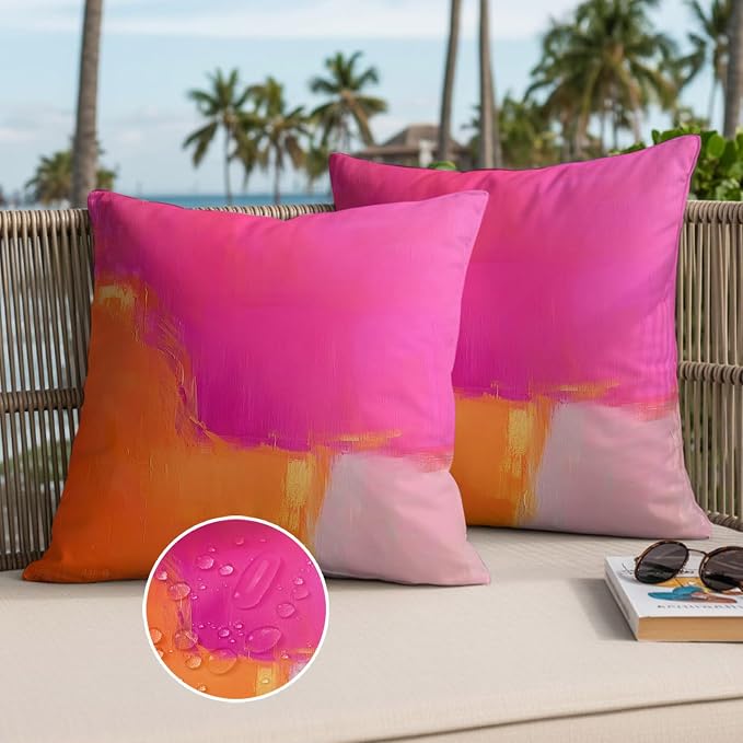 Waterproof Pillow Covers Set of 2 20x20 Inch Abstract Ombre Orange Pink Outdoor Cushion Covers Oil Painting Decorative Pillow Cases for Patio, Sofa, Couch, Garden, Balcony
