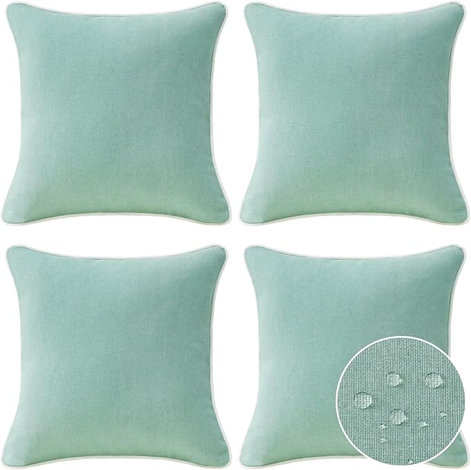 Unimatta Decorative Outdoor Water Repellent Throw Pillows with Inserts, Set of 4, 18" x18" Pillows for Patio, Backyard, Bed, Couch, and Patio Furniture, Aqua Green