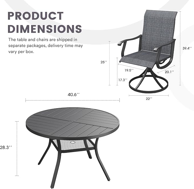 5 Pieces Patio Furniture Dining Set, 4 Textilene Swivel Dining Chairs, 41" Outdoor Round Metal Table with Storage Shelf and 1.57" Umbrella Hole, Outdoor Dining Set for Porch, Lawn, Black/Black