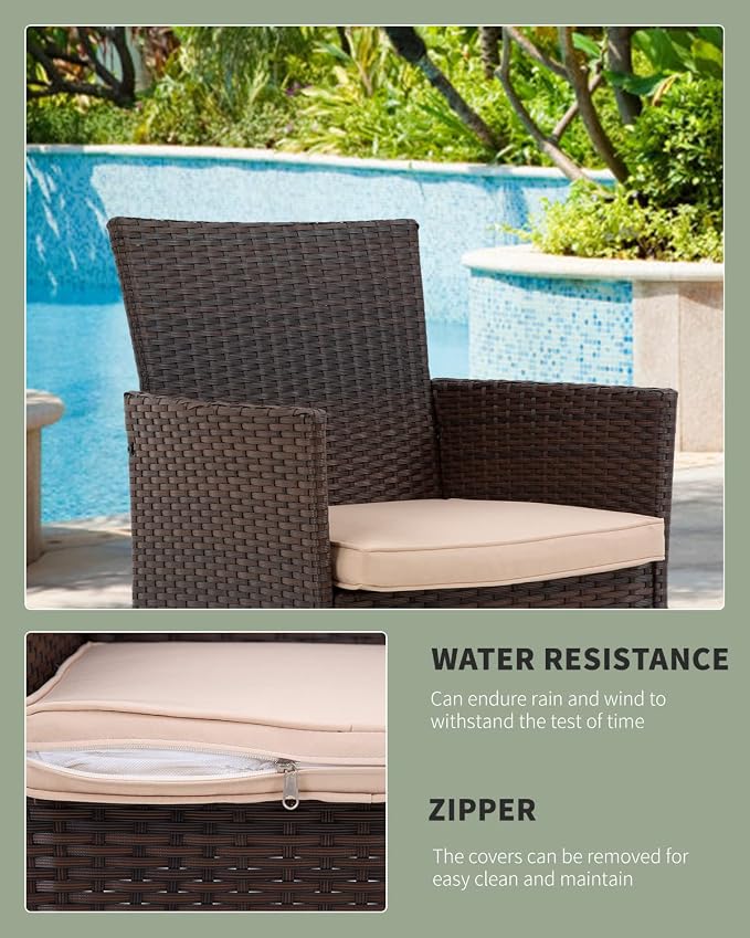 PayLessHere 3 Piece Furniture Patio Chairs Wicker Outdoor Rattan Conversation Bistro Set for Backyard Porch Poolside Lawn (Brown)