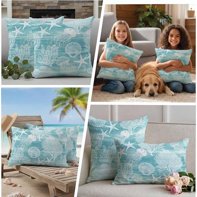 Teal Coastal Outdoor Waterproof Throw Pillow Covers Set of 2, 18"x18", Nautical Starfish Jellyfish Coral Summer Decorative Pillow Covers Outside Cushion Case for Patio Porch Garden
