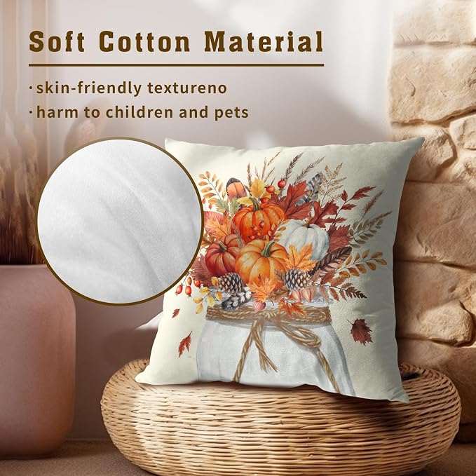Autumn Pumpkin Throw Pillow Covers 22x22 Inch, Set of 2 Rustic Fall Orange Flowers Jar Square Pillowcases Soft Cotton Cushion Cover for Couch Bed Sofa Porch Seasonal Home Decor
