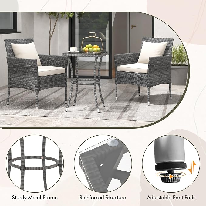 Tangkula 3 Piece Furniture Wicker Rattan Outdoor Patio Set, Grey