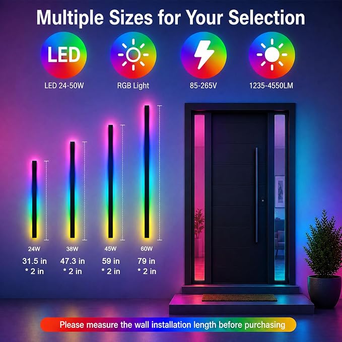 Modern Outdoor RGB Wall Lights, 31.5 Inch RGB Warm White Dimmable Exterior Wall Sconce, Ip65 Waterproof Black Linear Long Wall Light with Remote and APP Control for House, Garage, Front Door, Porch