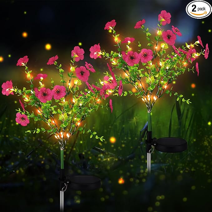 Glooglitter 2 Pack Solar Stake Lights Outdoor Decor Waterproof Mums Artificial Flowers Solar Lights for Outdoor Garden Yard Pathway Decor (Rose Red,Violet)