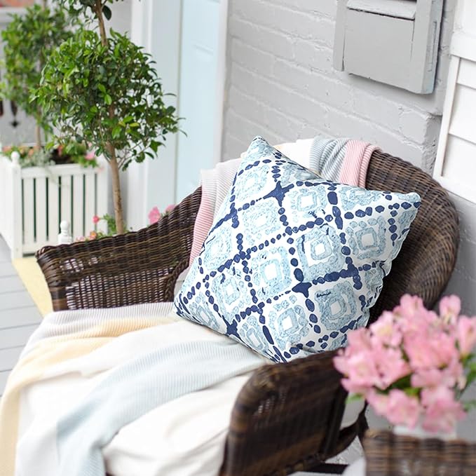 Outdoor Pillows for Patio Furniture 18x18 inch, Square Outdoor Throw Pillows with Inserts, Decorative Toss Pillows for Garden Couch Home Sofa Office Chair, Pack of 2, Boho Geometry Blue