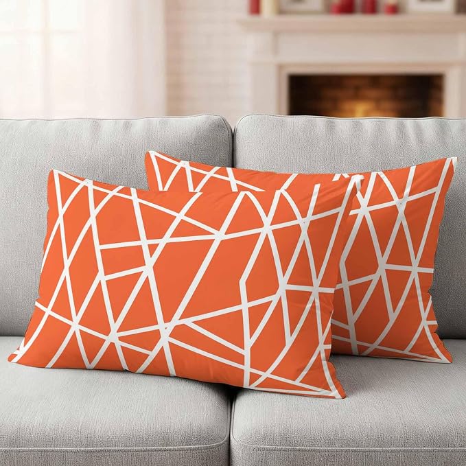 Outdoor Pillow Covers Waterproof, Orange Geometric Decorative Rectangle Throw Pillowcases Patio Cushion Covers for Tent/Garden, 20" x 12" 2 Pack, Abstract Stripes Modern Simple