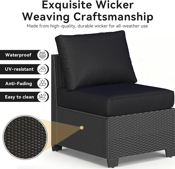 Aoxun Patio Furniture Set, 6 Pcs Outdoor Patio Furniture Sets with 4in Thicken Cushion, Widen Armrests Wicker Outdoor Sectional for Backyard & Garden, Black