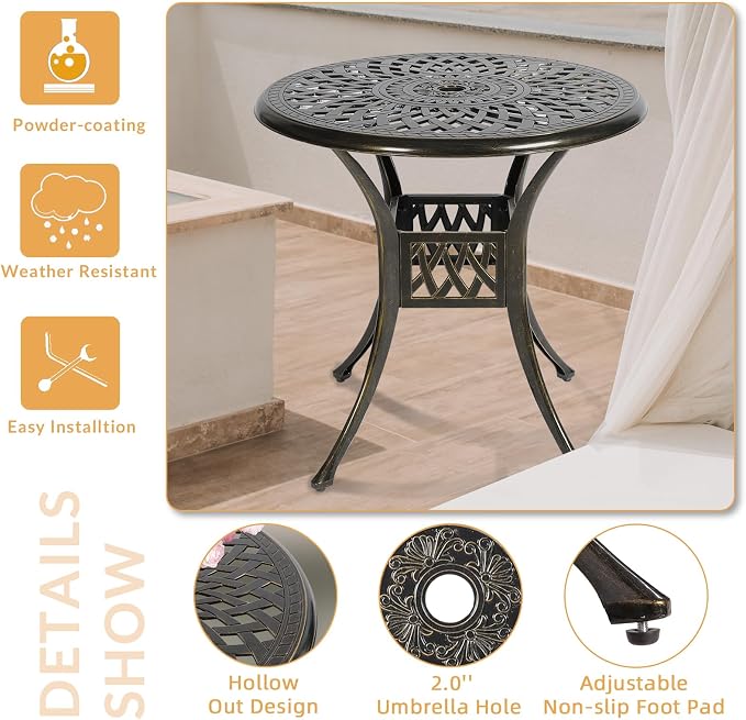 3-Piece Outdoor Patio Dining Set, All-Weather Cast Aluminum Patio Furniture Set for Backyard Garden Deck with 2 Swivel Cushioned Chairs and 31” Round Table, 2" Umbrella Hole, Ocean Blue