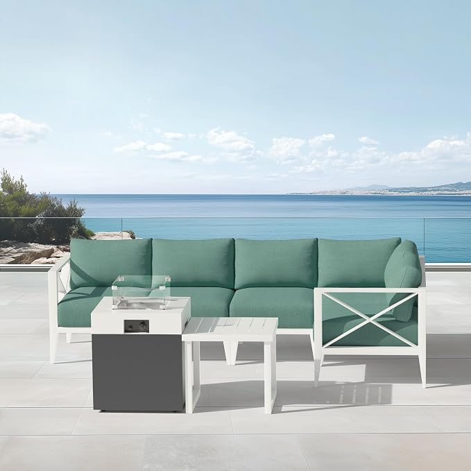 5-Seat Aluminum Patio Conversation Set with Corner Sofa & 37,000 BTU Fire Pit Table, All-Weather Outdoor Sectional Furniture with Glass Wind Guard – White for Balcony, Backyard, Garden
