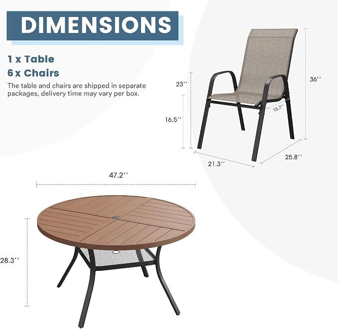 DIFY 7 Piece Outdoor Dining Set, 48" Walnut Round Metal Dining Table and Brown Textilene Stackable Patio Chairs, Patio Table and Chairs Set for 6 with Umbrella Hole for Backyard Garden Deck