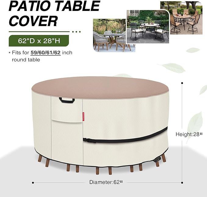 Porch Shield Round Patio Furniture Cover - Waterproof 600D Heavy Duty Outdoor Table and Chairs Cover 62 inch, Light Tan & Khaki