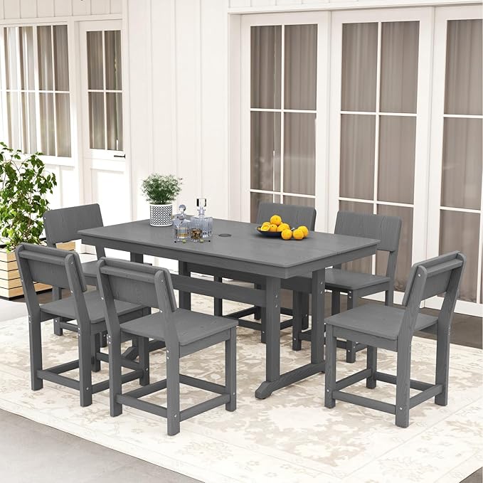 7-Piece HDPE Outdoor Patio Dining Set,Modern Plastic Dining Sets，Patio Table and Chairs Set with Umbrella Hole Cut-Out Table and 6 Chairs Gray