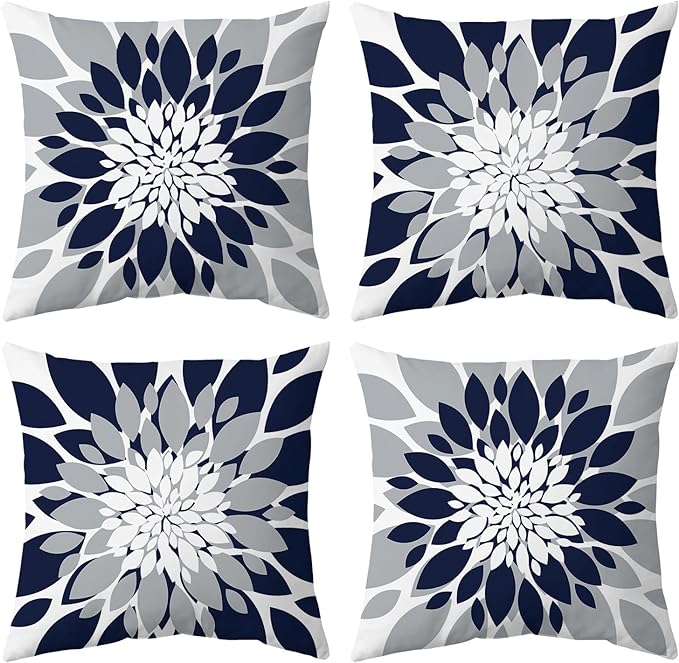 Pack of 4 Outdoor Waterproof Pillow Covers 20x20 Decorative Outdoor Throw Pillows Garden Square Cushion Cases for Patio Furniture, Couch, Tent Sunbrella, Bench, Navy Blue Grey