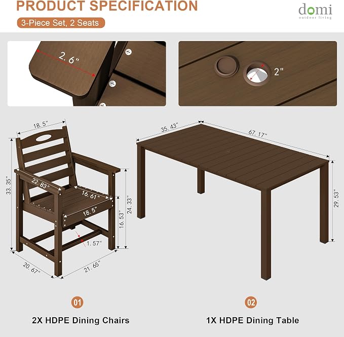 Domi HDPE Outdoor Dining Set, All-Weather 3 Piece Outdoor Dining Table Set with 2" Umbrella Hole, Outdoor Patio Dining Set for Garden, Poolside, Backyard, Deck, Brown