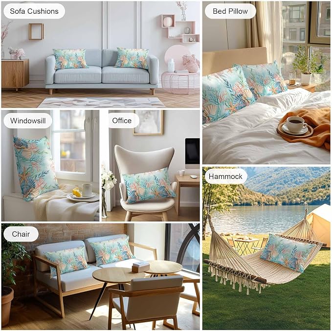 Lumbar Pillow Covers 20x12 Inch Set of 2, Ocean Starfish Seaweed Waterproof Outdoor Pillow Covers, Summer Coastal Beach Shell Coral Teal Decorative Cushion Pillowcases for Couch, Sofa, Bed, Patio