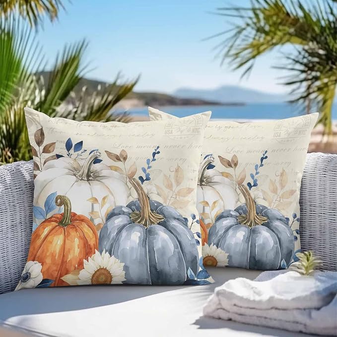 Fall Outdoor Throw Pillows Covers 16x16 inch Set of 2 Waterproof Blue White Pumpkin Zippered Cushion Covers for Patio Furniture, Autumn Eucalyptus Leaves Floral Thanksgiving Lumbar Pillowcases